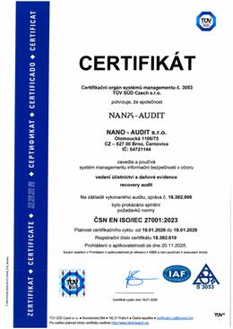 Certifikát ČSN EN ISO 27001:2023