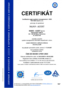 Certifikát ČSN EN ISO 27001:2023