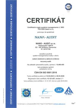Certifikát ČSN EN ISO 9001:2016